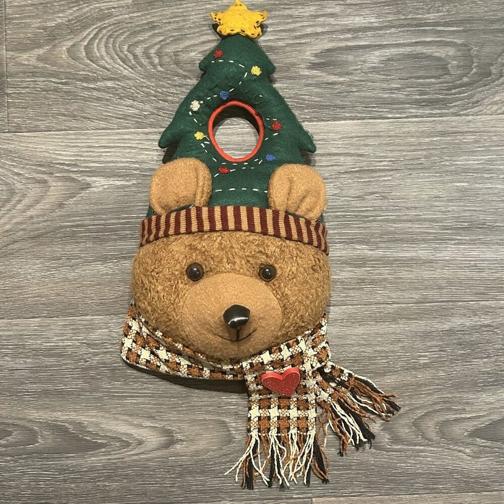 Santas Best Christmas Tree Stuffed Teddy Bear Door Knob Hanger Green Plaid Scarf